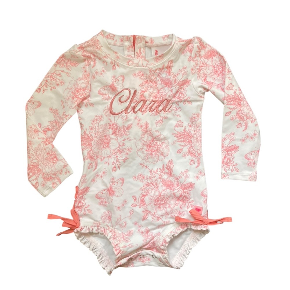 Ruffle Butts Swimsuit NWT Pink Toile Long Sleeve Rash Guard Embroidered Clara